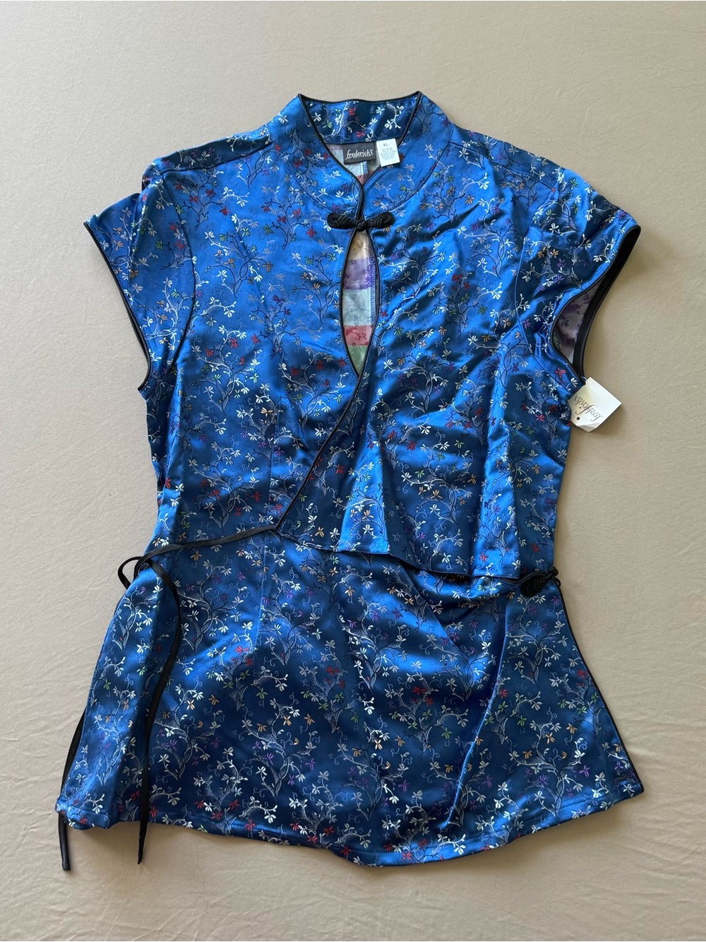 Folded Charm Blue Floral Satin Mandarin Collar Blouse